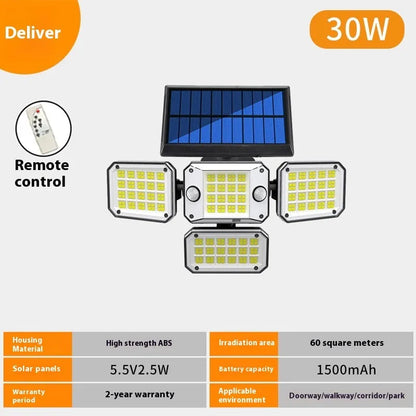 Multi-angle solar-powered garden lamp with motion sensor mounted outdoors