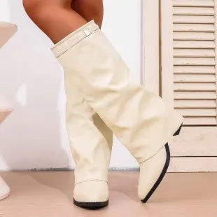 Men's pointed toe high tube pants boots with pleated chunky heel, artificial PU upper, beige colour