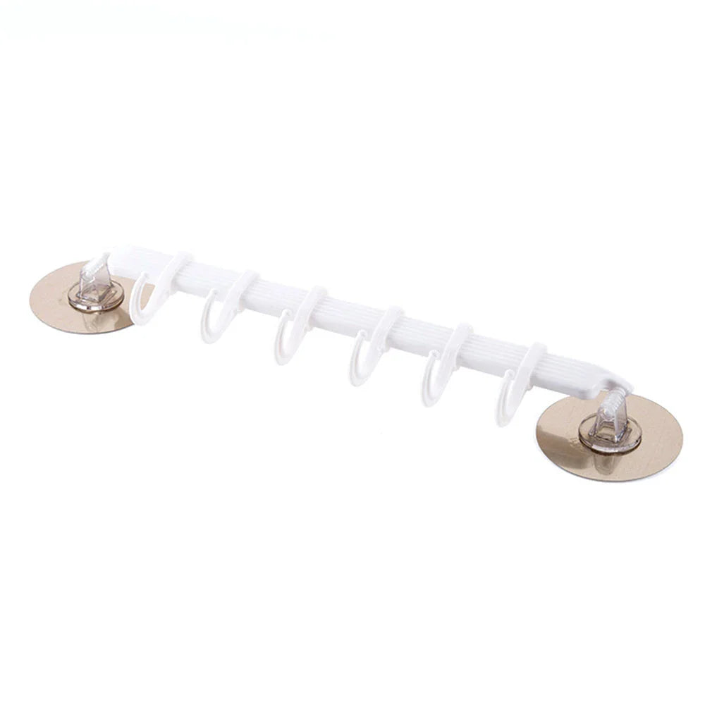 Sleek wall hook organizer with 6 movable hooks, made of durable PVC and ABS materials for easy, damage-free installation