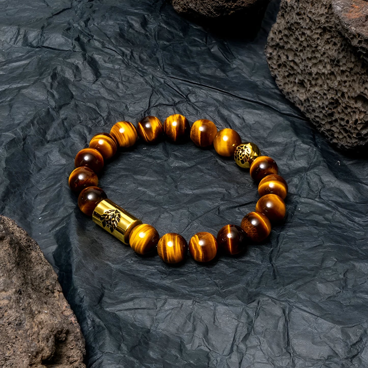 Little Lion ethnic geometric bracelet made from brown Bodhi seed beads on a wrist.
