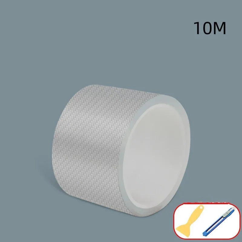 Carbon fibre grain transparent anti-collision protection strip roll for car doors with scraper and utility knife.