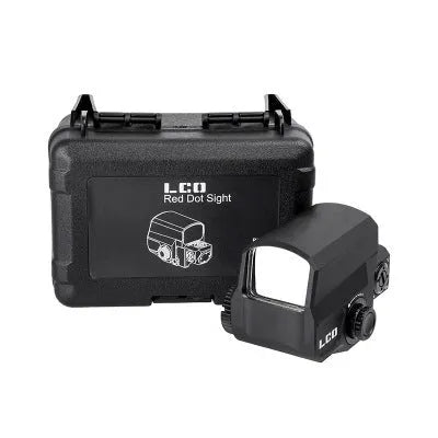 LCO tactical red dot sight mounted on rifle with holographic reflex display visible