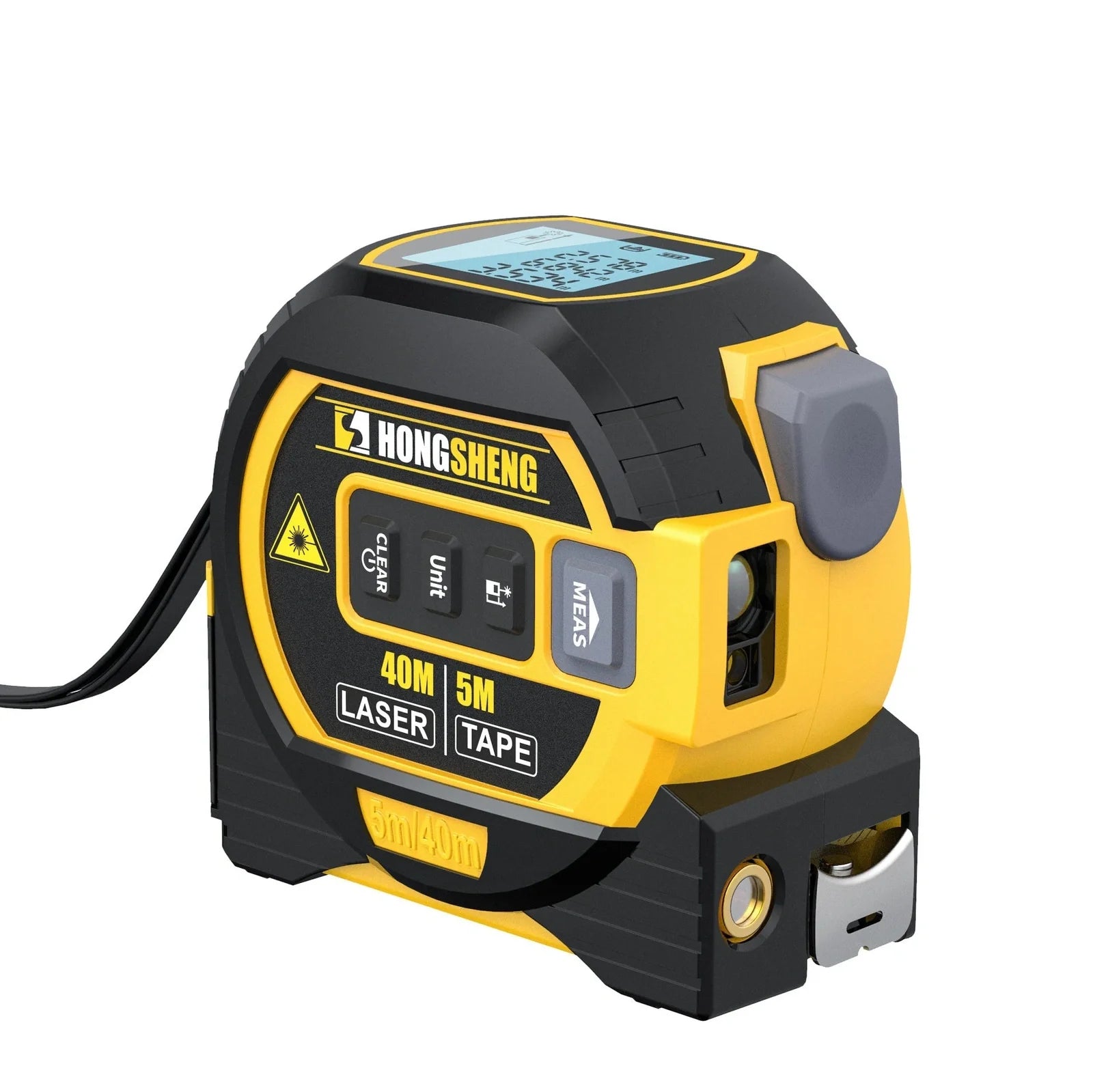 Blue and yellow laser tape measure showing laser cross projection and extended 5m steel tape