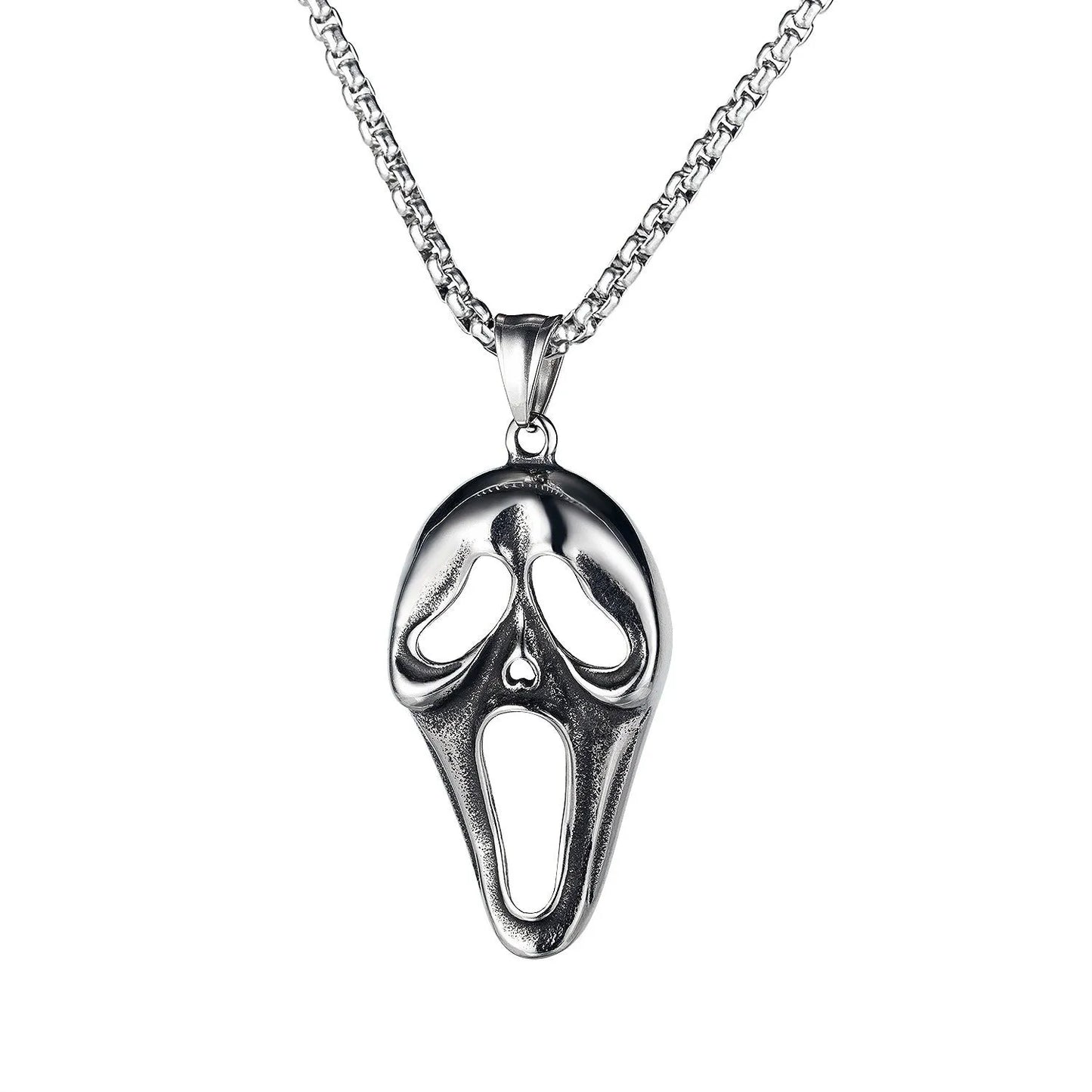 Men's silver electroplated skull necklace with stainless steel chain and alloy pendant showing six design options
