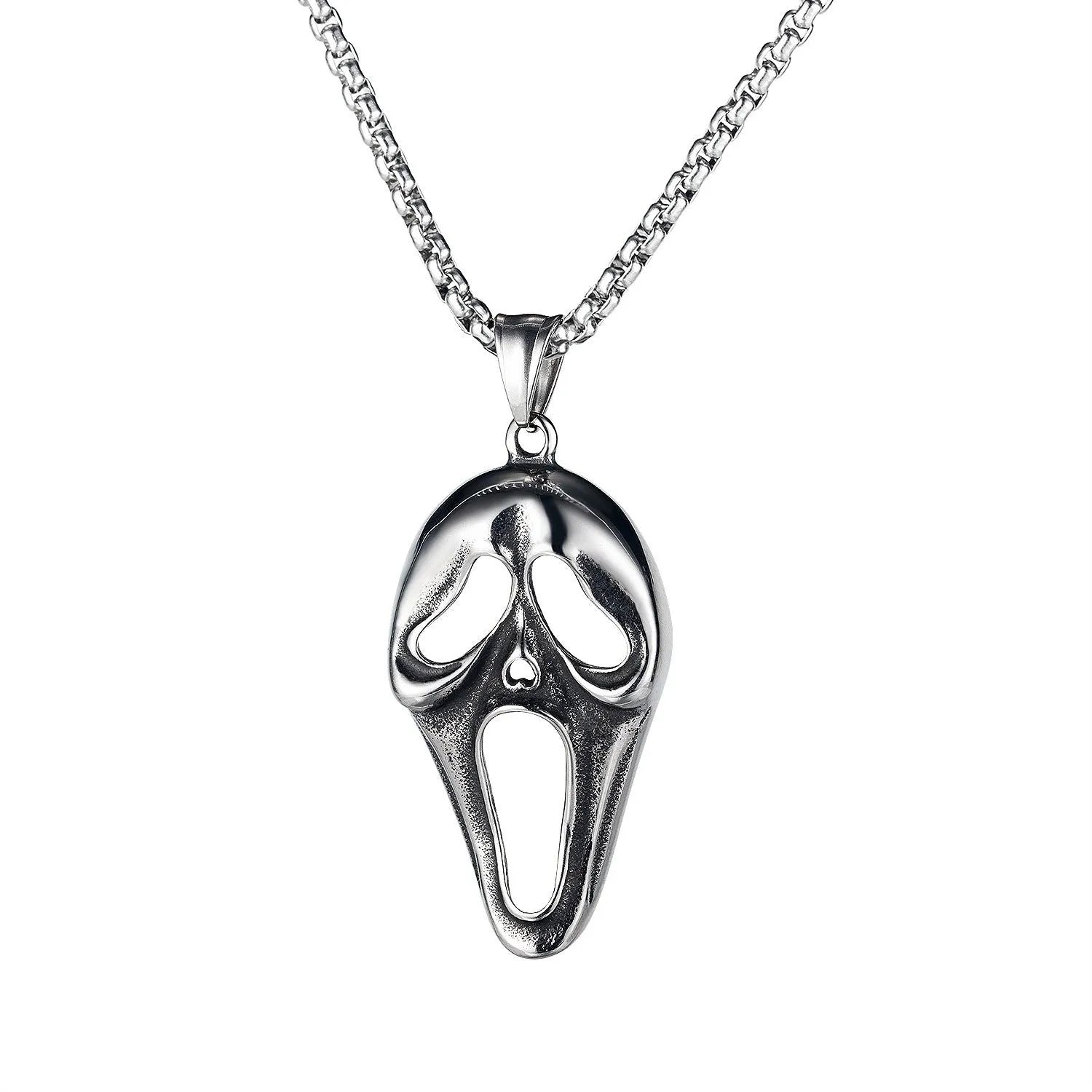 Men's silver electroplated skull necklace with stainless steel chain and alloy pendant showing six design options