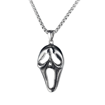 Men's silver electroplated skull necklace with stainless steel chain and alloy pendant showing six design options