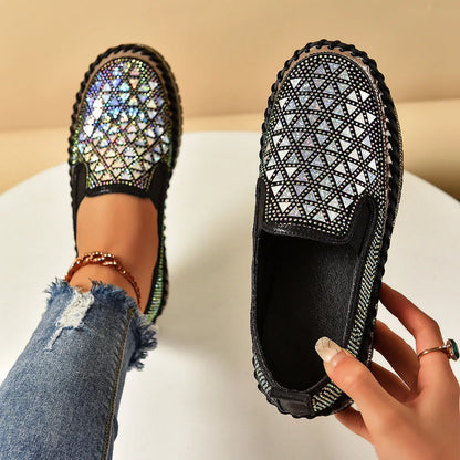 Women's casual suede flat sneakers with floral pattern and rhinestone sequin detail, low top, round toe, black beige or yellow