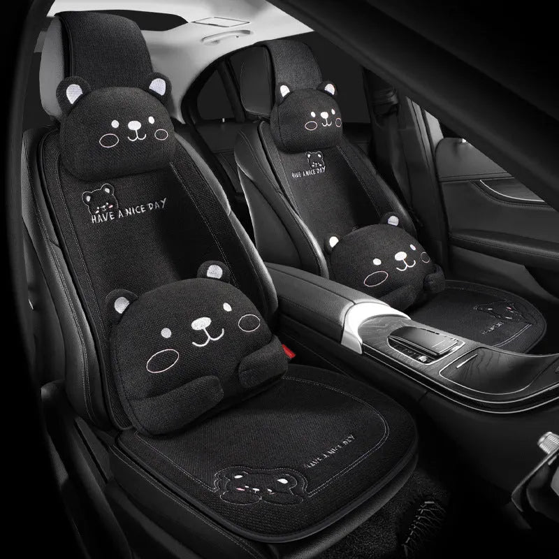 Car seat cushion set showing a linen cushion and separate lumbar support pillow in a choice of five colours.
