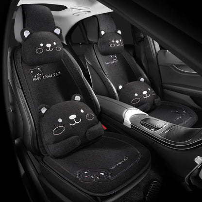 Car seat cushion set showing a linen cushion and separate lumbar support pillow in a choice of five colours.