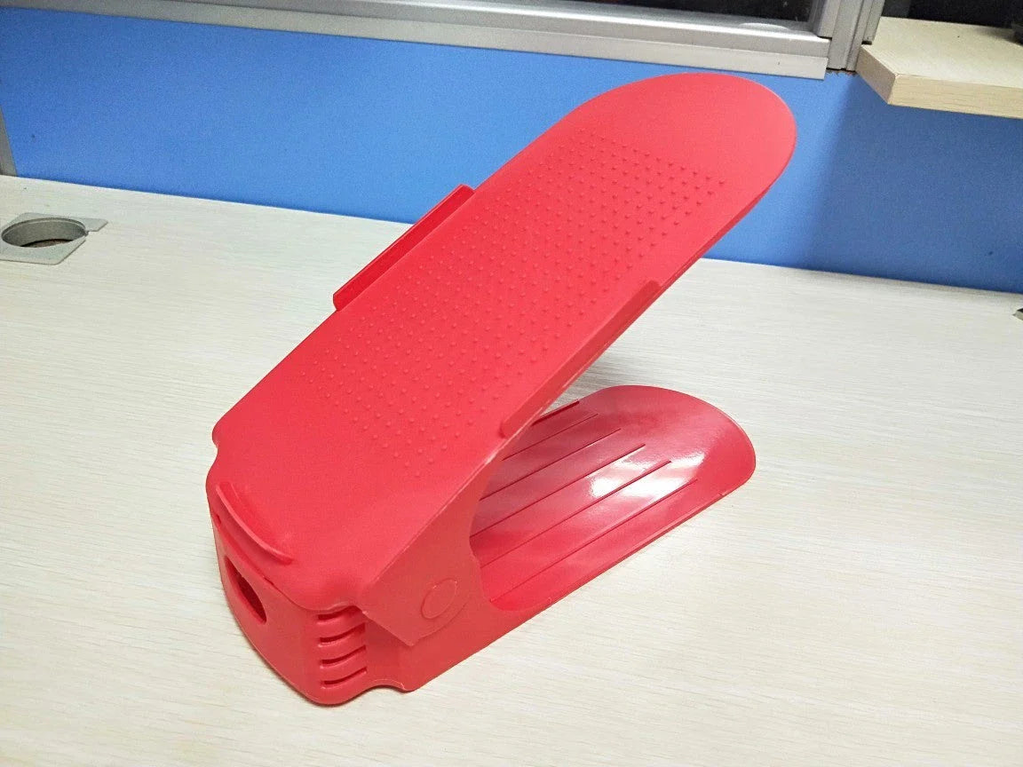 Adjustable dual-tier shoe organizer rack made of durable polypropylene material