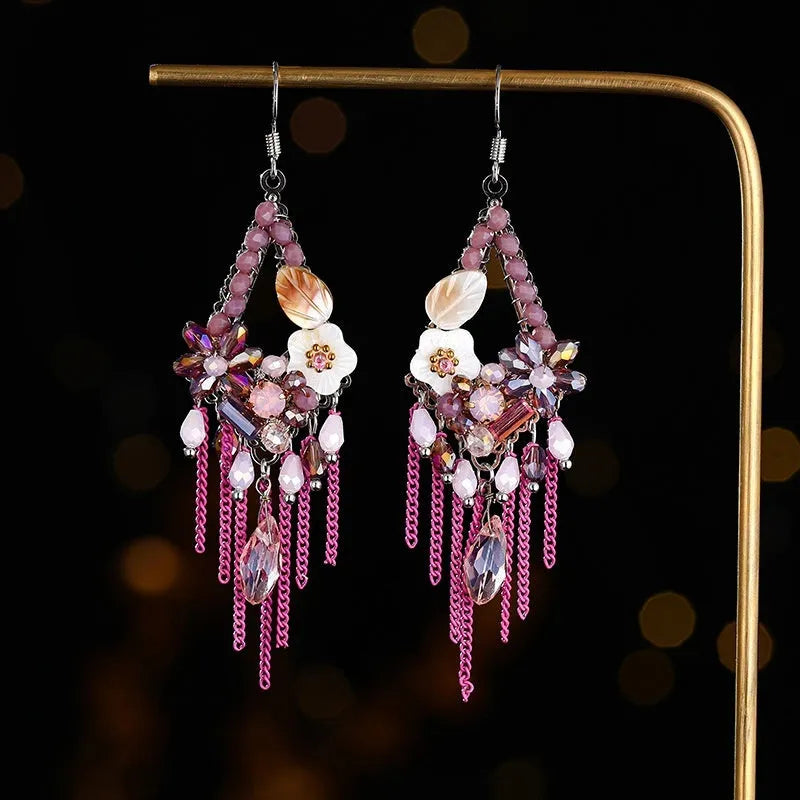Hand-woven retro bohemian ethnic style exaggerated long earrings in artificial crystal and alloy