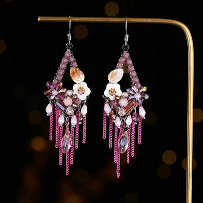 Hand-woven retro bohemian ethnic style exaggerated long earrings in artificial crystal and alloy