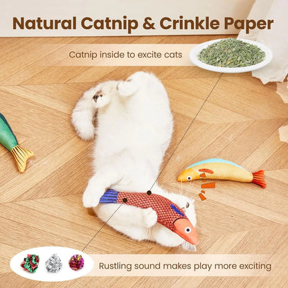 Green catnip-filled saury fish toy measuring 24cm with crinkle sound layer for feline play