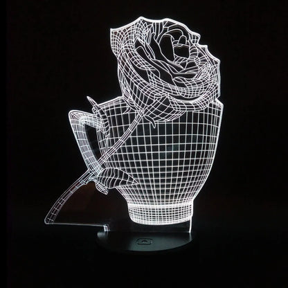 3D rose flower night light showing seven colour options with remote control and USB cable