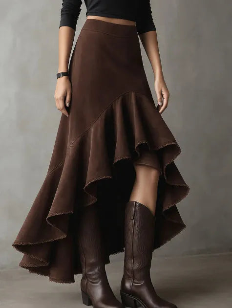 Western brown maxi skirt with high-low hemline and ruffle detailing in eco suede polyester