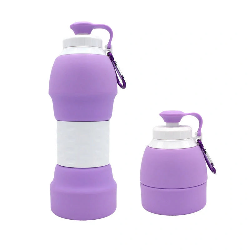 Collapsible silicone water bottle in various colours, perfect for travel and outdoor activities
