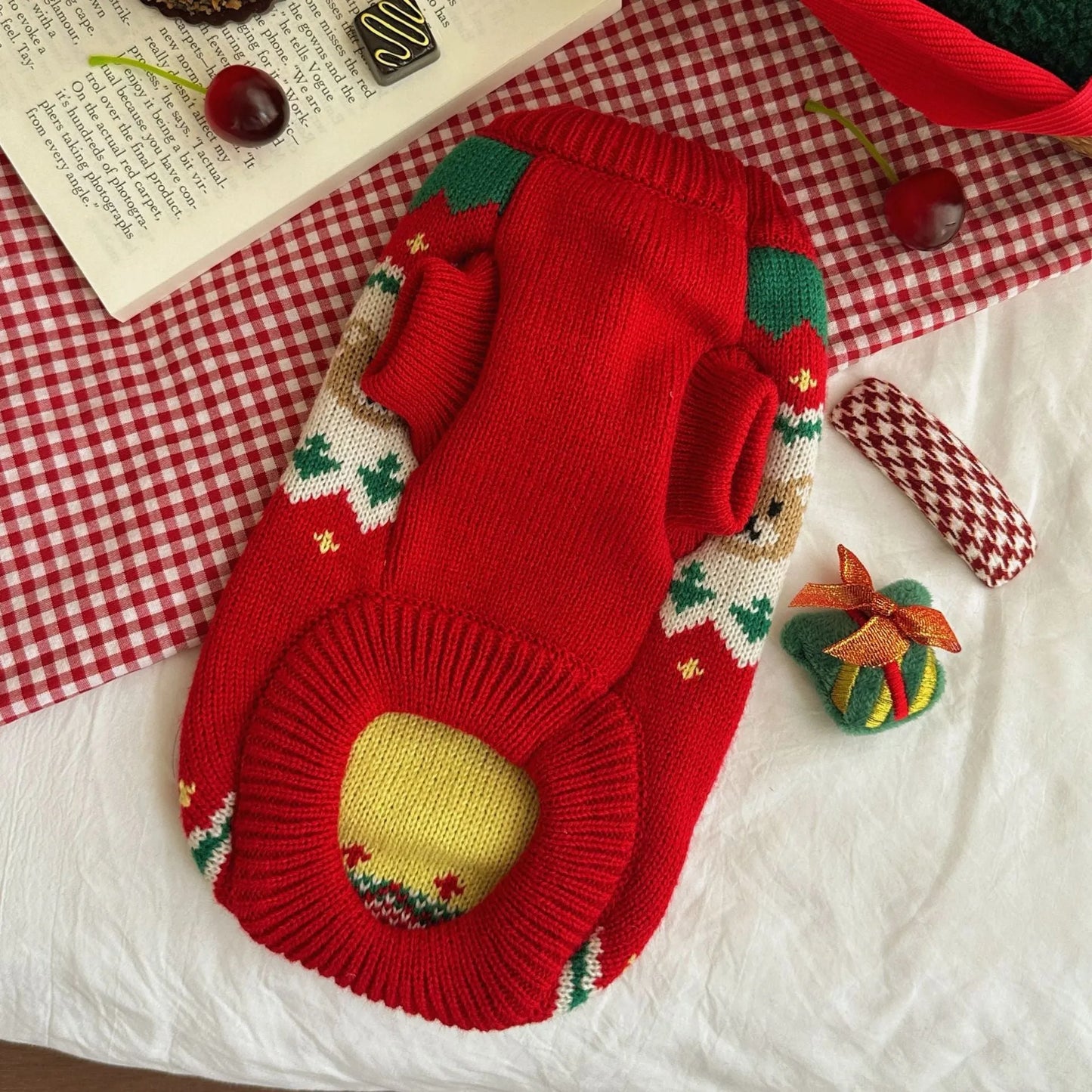 Red Christmas pet sweater with cherry print design for dogs and cats in polyester fabric