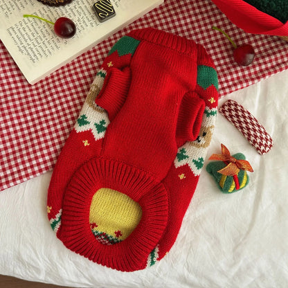 Red Christmas pet sweater with cherry print design for dogs and cats in polyester fabric