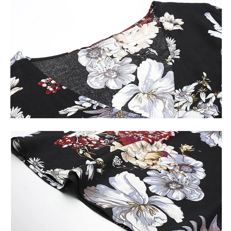 Floral summer beach dress with V-neck, elastic waist, and large hemline in mid-length design