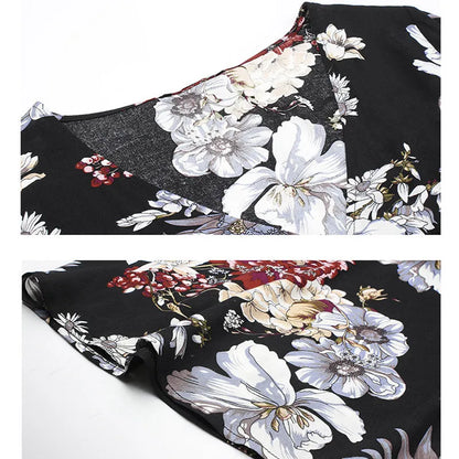 Floral summer beach dress with V-neck, elastic waist, and large hemline in mid-length design