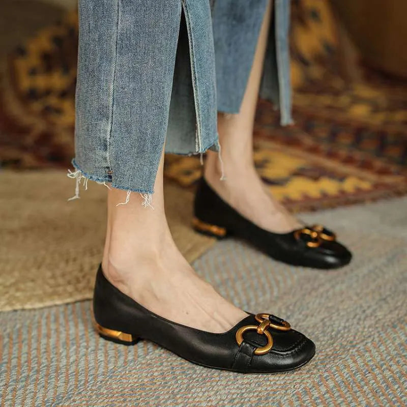 Women's Mary Jane style low heel pumps with square toe and shallow mouth design in multiple colours