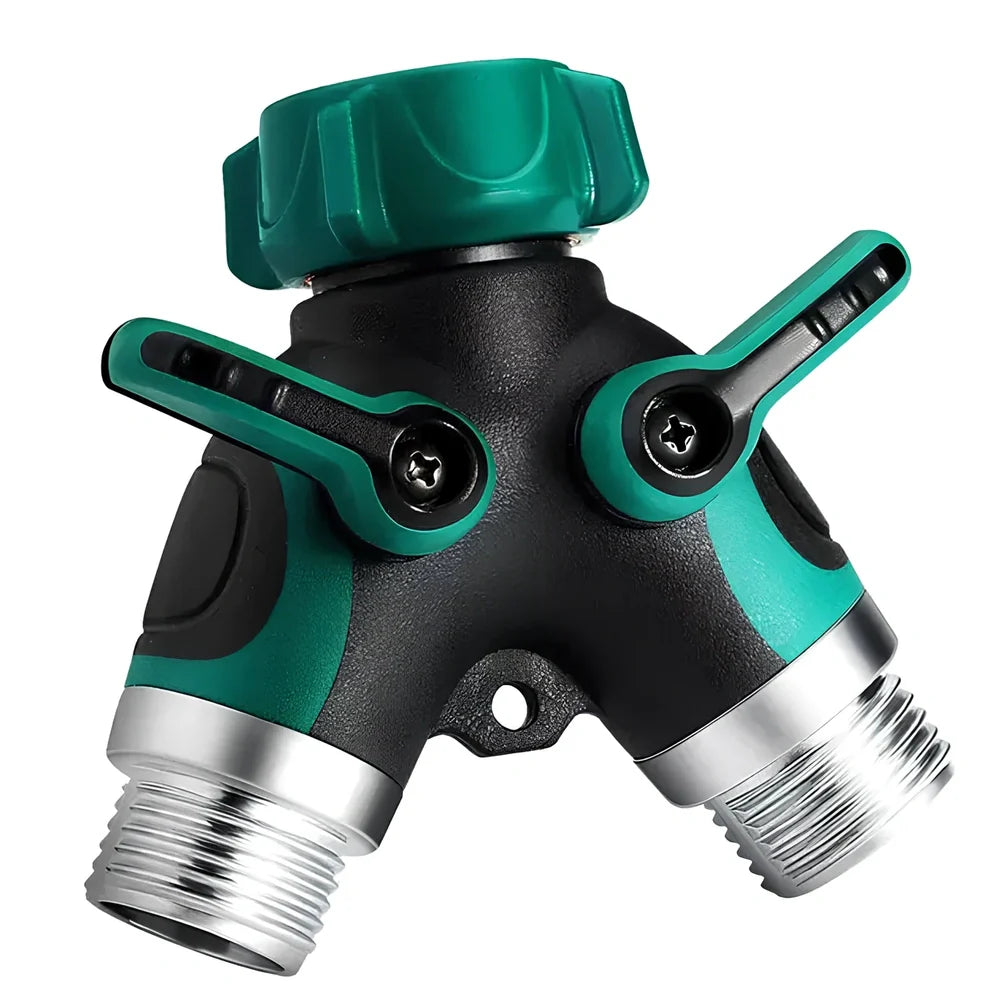 Green plastic Y-shaped water splitter with zinc alloy outlets and copper inlet measuring 94mm