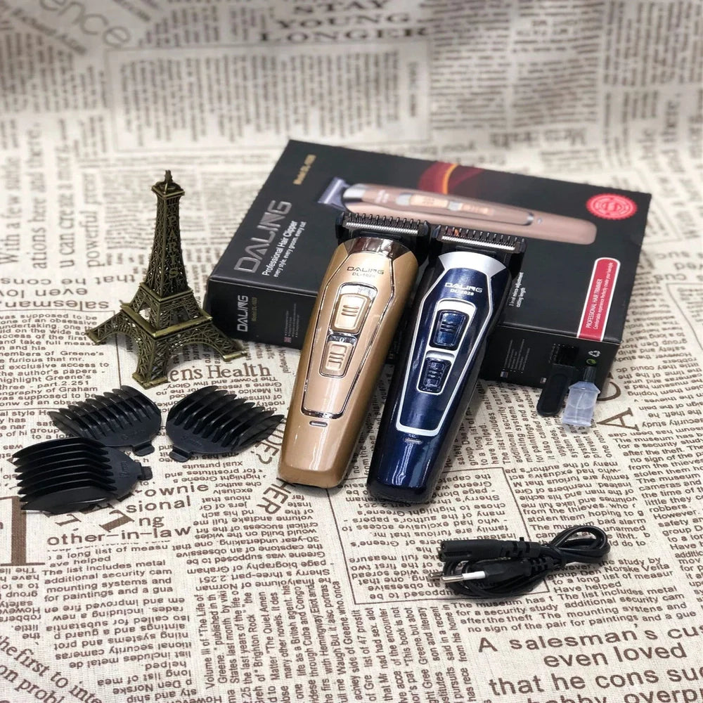 Dark blue electric hair clipper with stainless steel blades and European plug charger