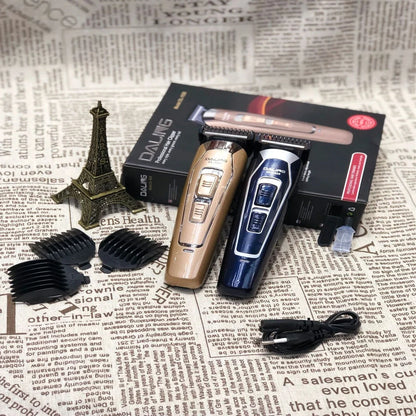 Dark blue electric hair clipper with stainless steel blades and European plug charger