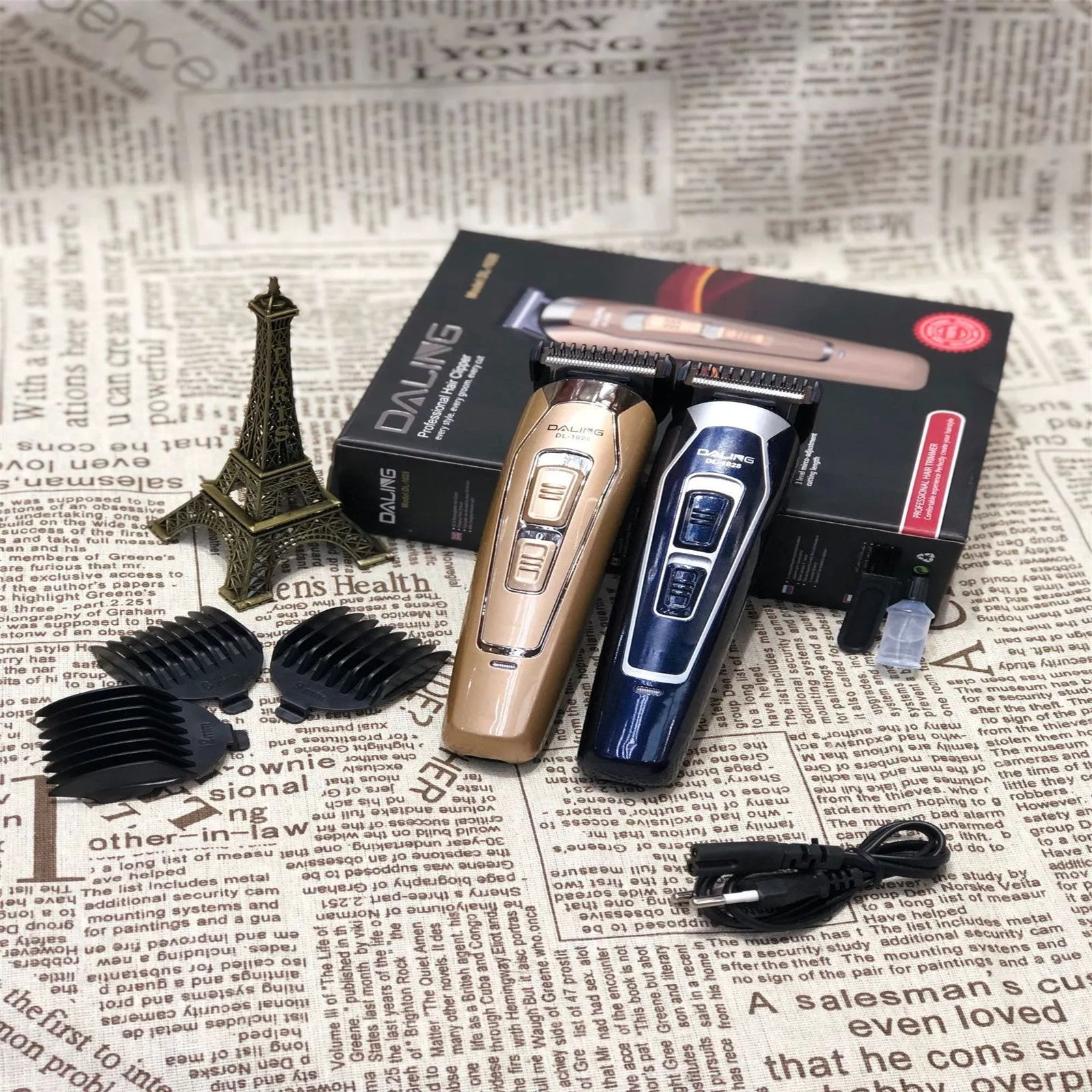 Dark blue rechargeable electric hair clipper with stainless steel cutting blades