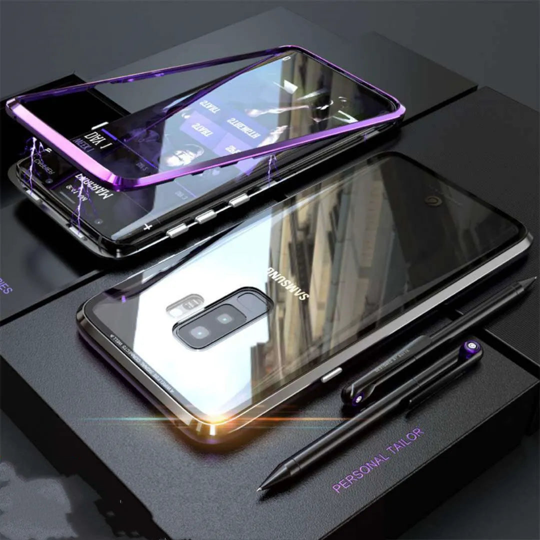 Anti-peeping magnetic clamshell phone case for Samsung Galaxy with double-sided glass protection in solid colour options