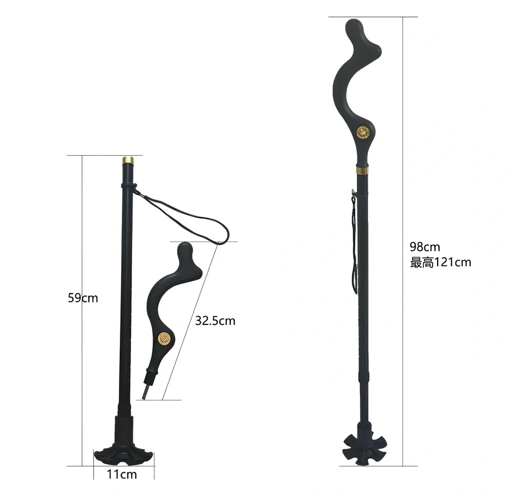 Telescopic folding walking stick with ergonomic handle and six rubber tips for stability