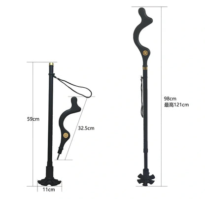 Telescopic folding walking stick with ergonomic handle and six rubber tips for stability