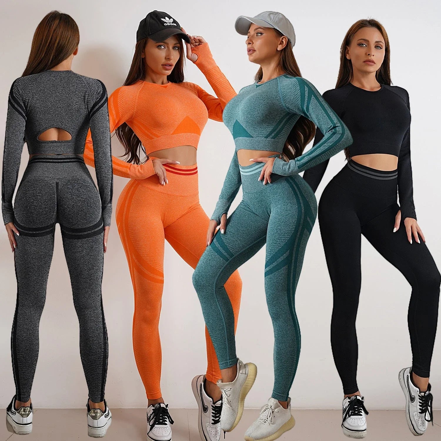 Seamless yoga leggings and long sleeve workout tops in various colors and styles