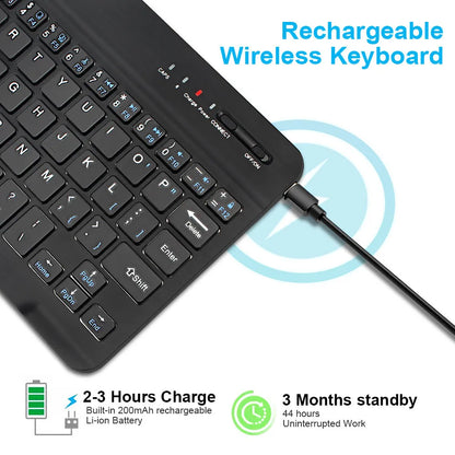 Black or white mini Bluetooth wireless keyboard shown in 7-inch, 9-inch, and 10-inch compact sizes.