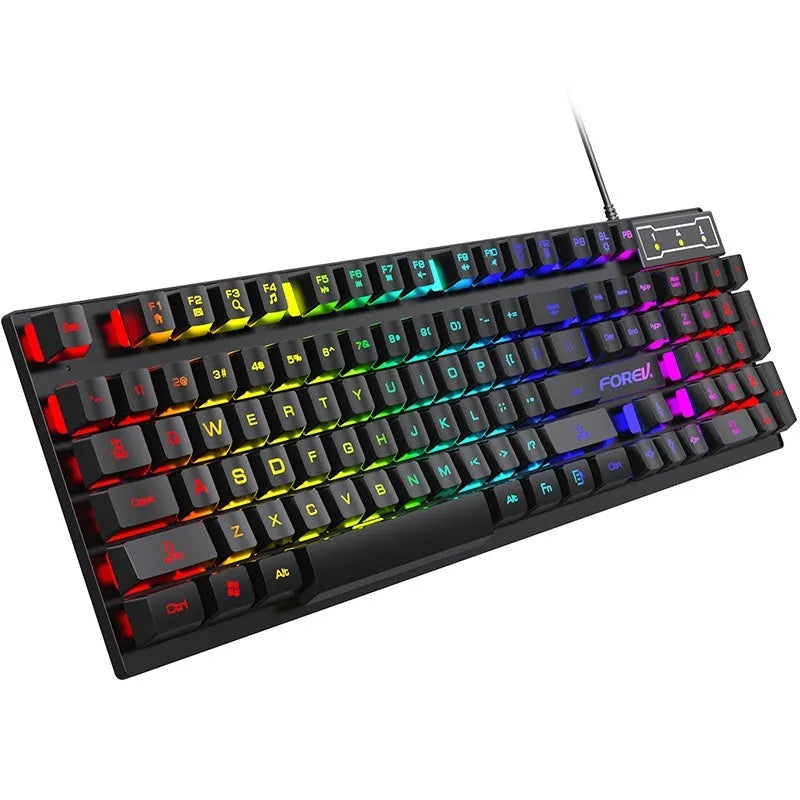 Black portable gaming keyboard with 104 keys and backlight illumination next to matching mouse