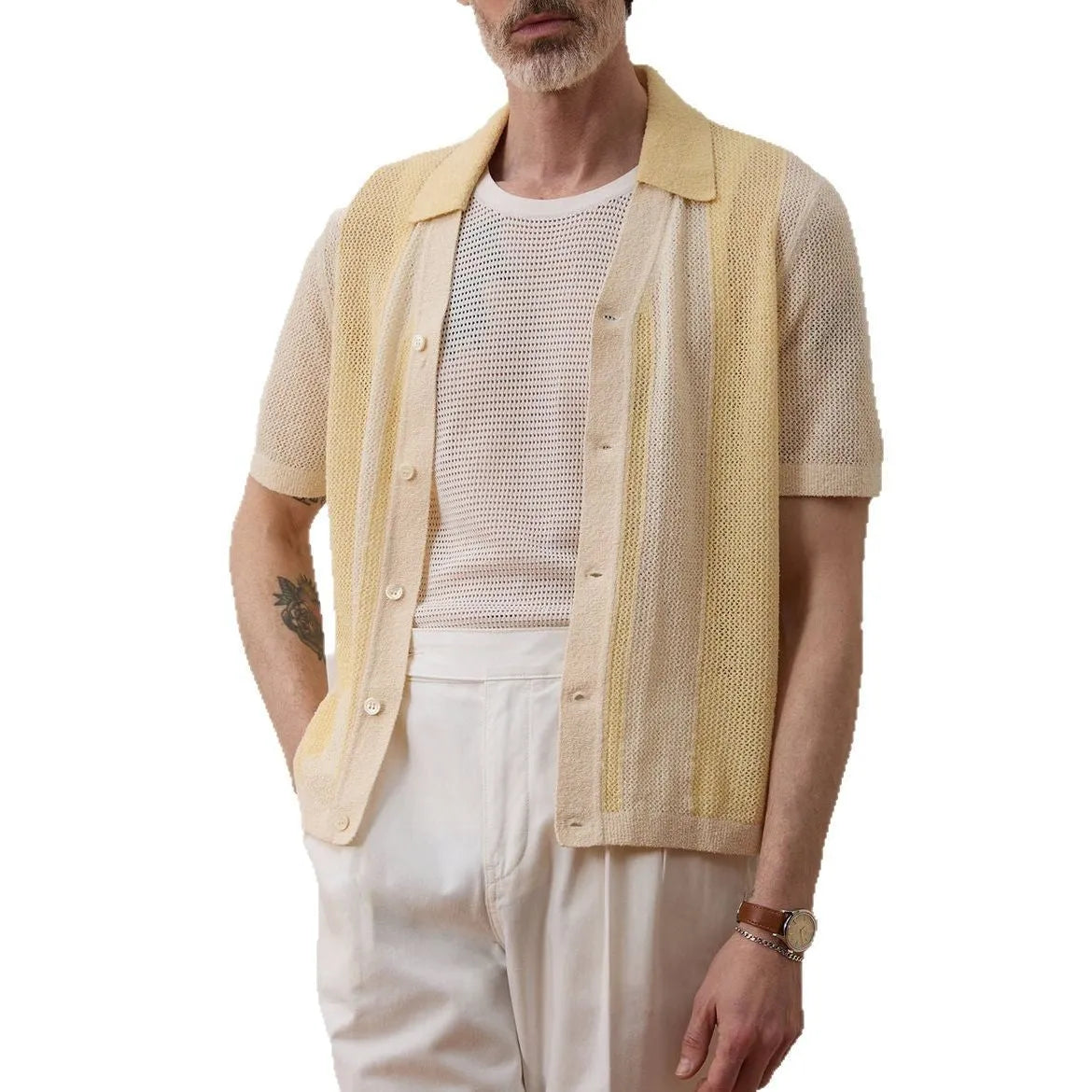 Yellow men's casual polo shirt with a hollow-out asymmetric design on the front.