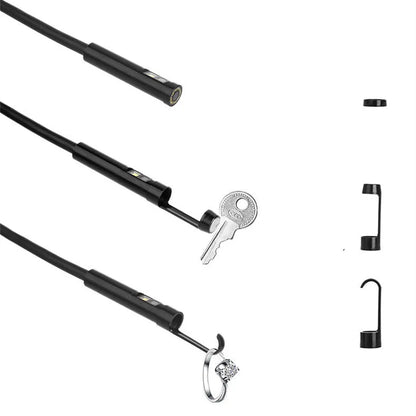 F300 wireless dual lens endoscope with IP68 waterproof probe, magnet, and hook accessories on a table.