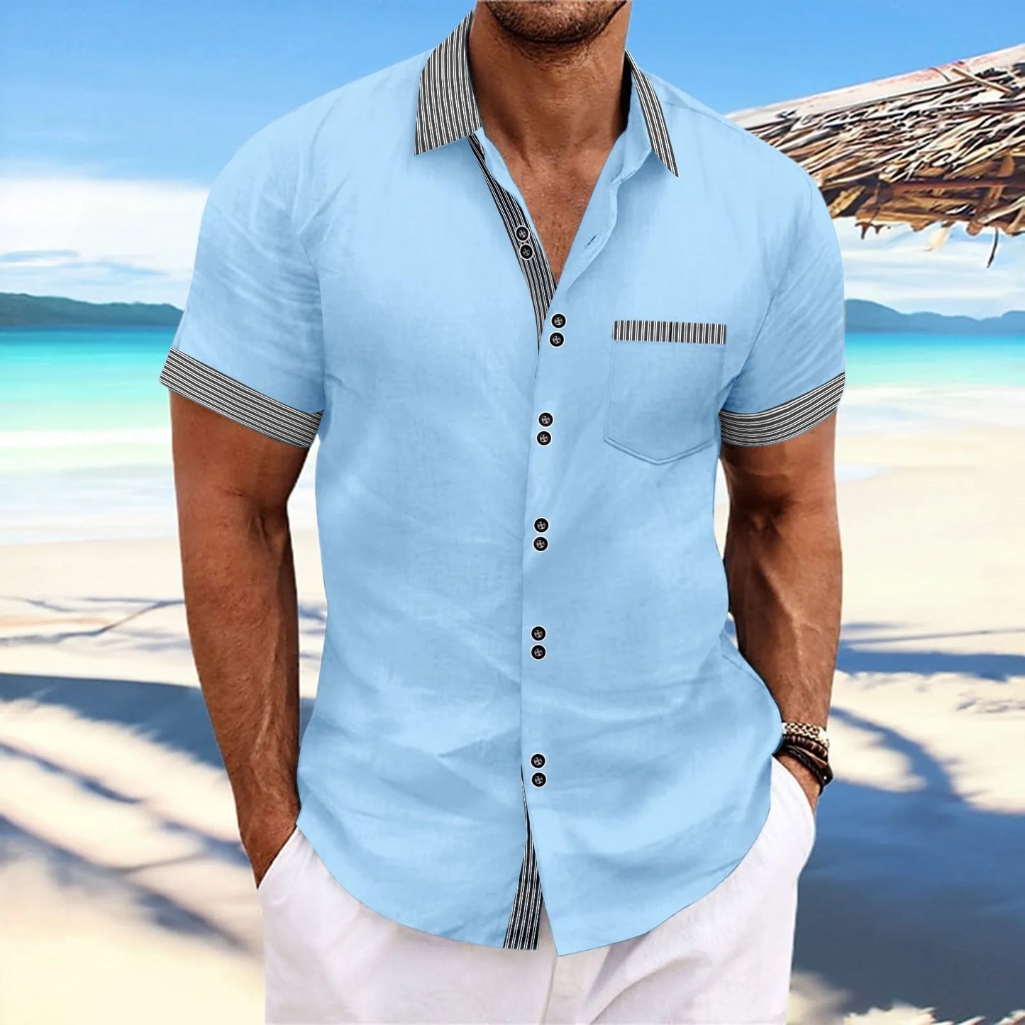 Men's slim fit striped casual shirt in pure cotton with double button short sleeves on a hanger