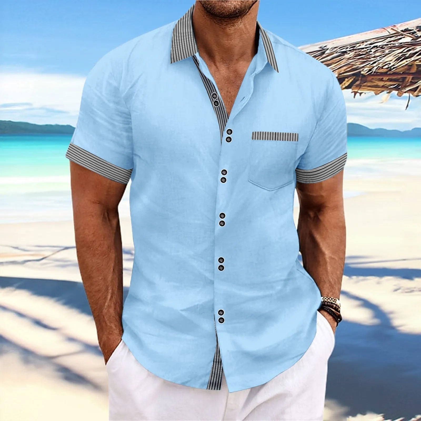 Men's slim fit striped casual shirt in pure cotton with double button short sleeves on a hanger