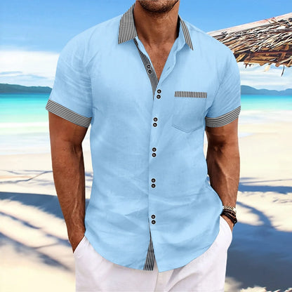 Men's slim fit striped casual shirt in pure cotton with double button short sleeves on a hanger