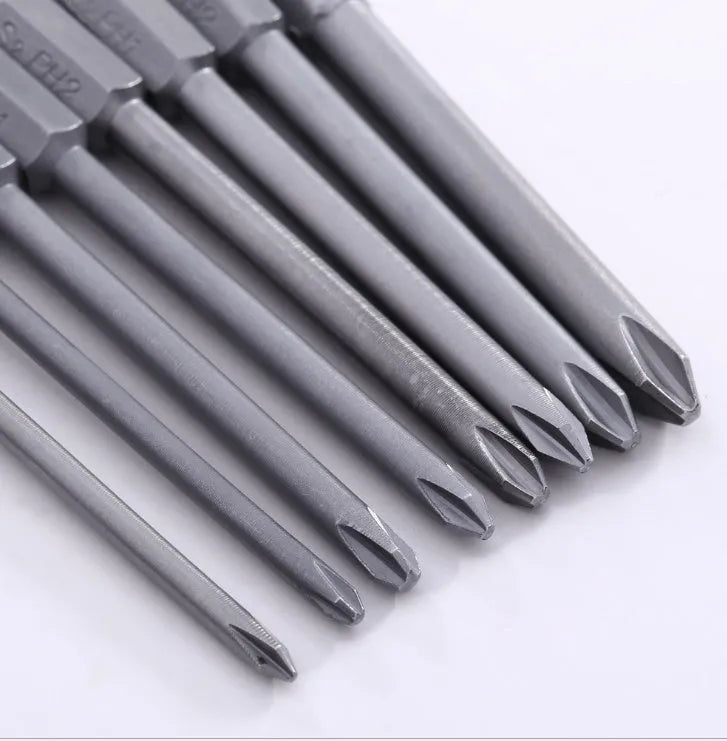 Set of eight long silver magnetic Phillips screwdriver bits with a 1/4 inch hex shank.