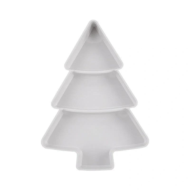 Christmas tree shaped plastic platter with divided sections for snacks and desserts