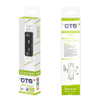 Black Type-C OTG hub adapter with Micro USB port, USB port, and microSD card slot on a white background.