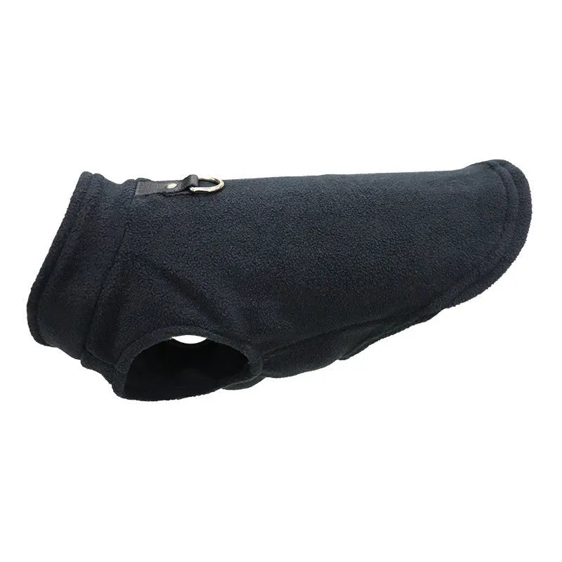 Thickened polar fleece dog waistcoat in solid colours red, black, blue, available in sizes S M L XL.