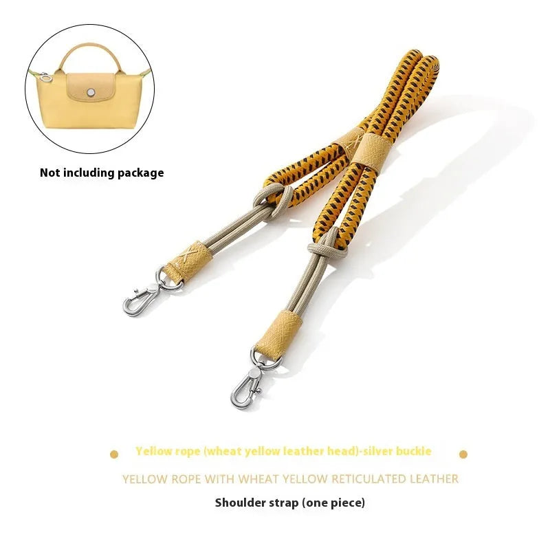 Braided rope and leather shoulder strap with a metal buckle in gold or silver finish