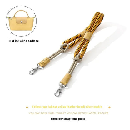Braided rope and leather shoulder strap with a metal buckle in gold or silver finish