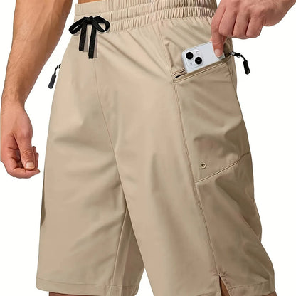 Man wearing solid colour straight-leg beach shorts in quick-dry polyester fabric.