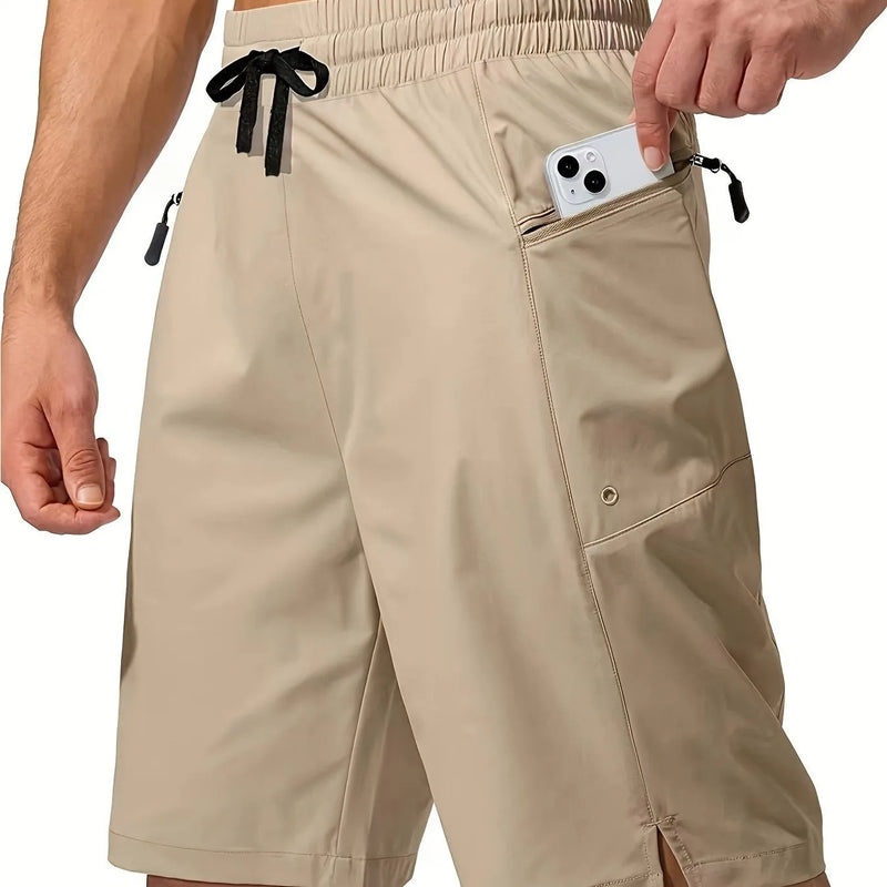 Men's beach shorts in solid colours for swimming or casual wear, made from quick-drying polyester fabric in a straight-leg design, available in a wide range of sizes from S to XXL and nine colour options including silver grey, khaki, and navy blue.