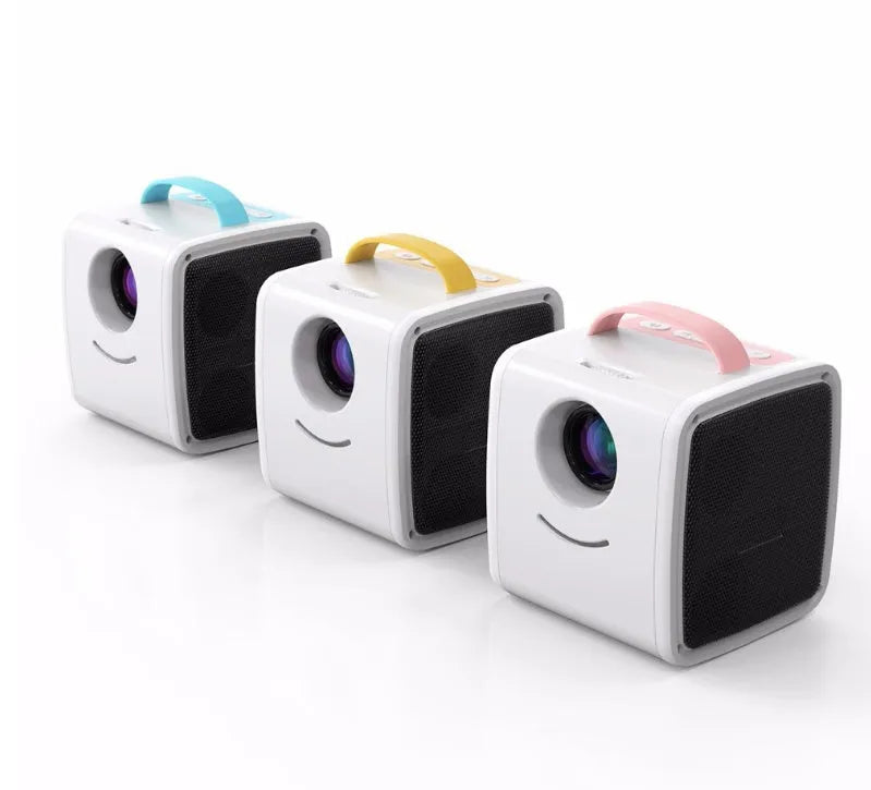 Mini home theatre projector showing size and distance parameters: 20-70 inch image, 1-3 metre throw.