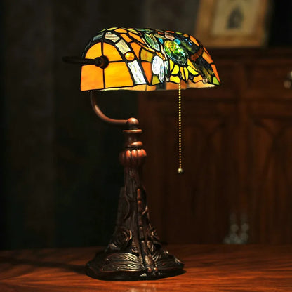 10-inch Tiffany table lamp with stained glass resin base, 25cm wide and 36cm high, on a desk